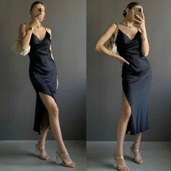 NWT Zara Satin Slip Midi Dress Black XS - Picture 3 of 13